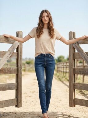 Good American Mid-Rise Skinny Jeans in Dark Blue Wash